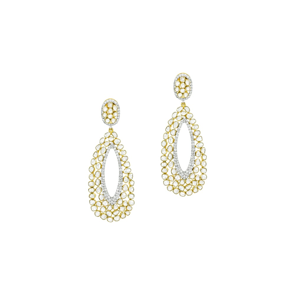 Oval Polki Drop Earrings with Double-Layered Polki